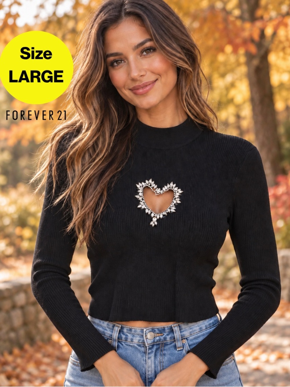 3/for$15🍒 FOREVER 21 Black Ribbed Long-Sleeve Top, Jeweled Heart Cutout (Large)